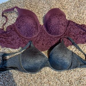 Lot of 2 bras from Victoria’s Secret dark purple with lace black size 38DD 36DDD
